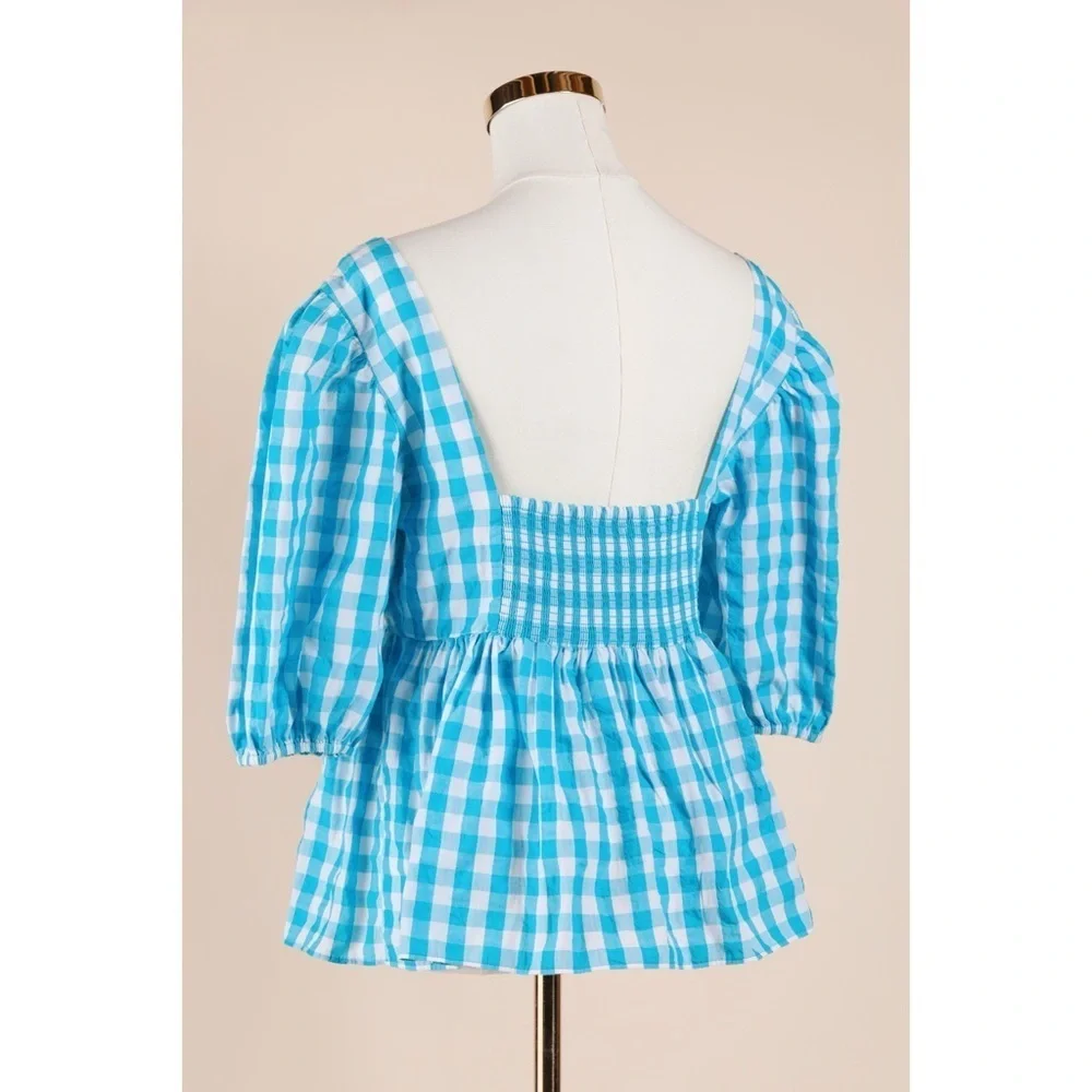 Sz 6 Lilly Pulitzer Sarafina Short Sleeve Turquoise Oasis Crinkle Gingham Top